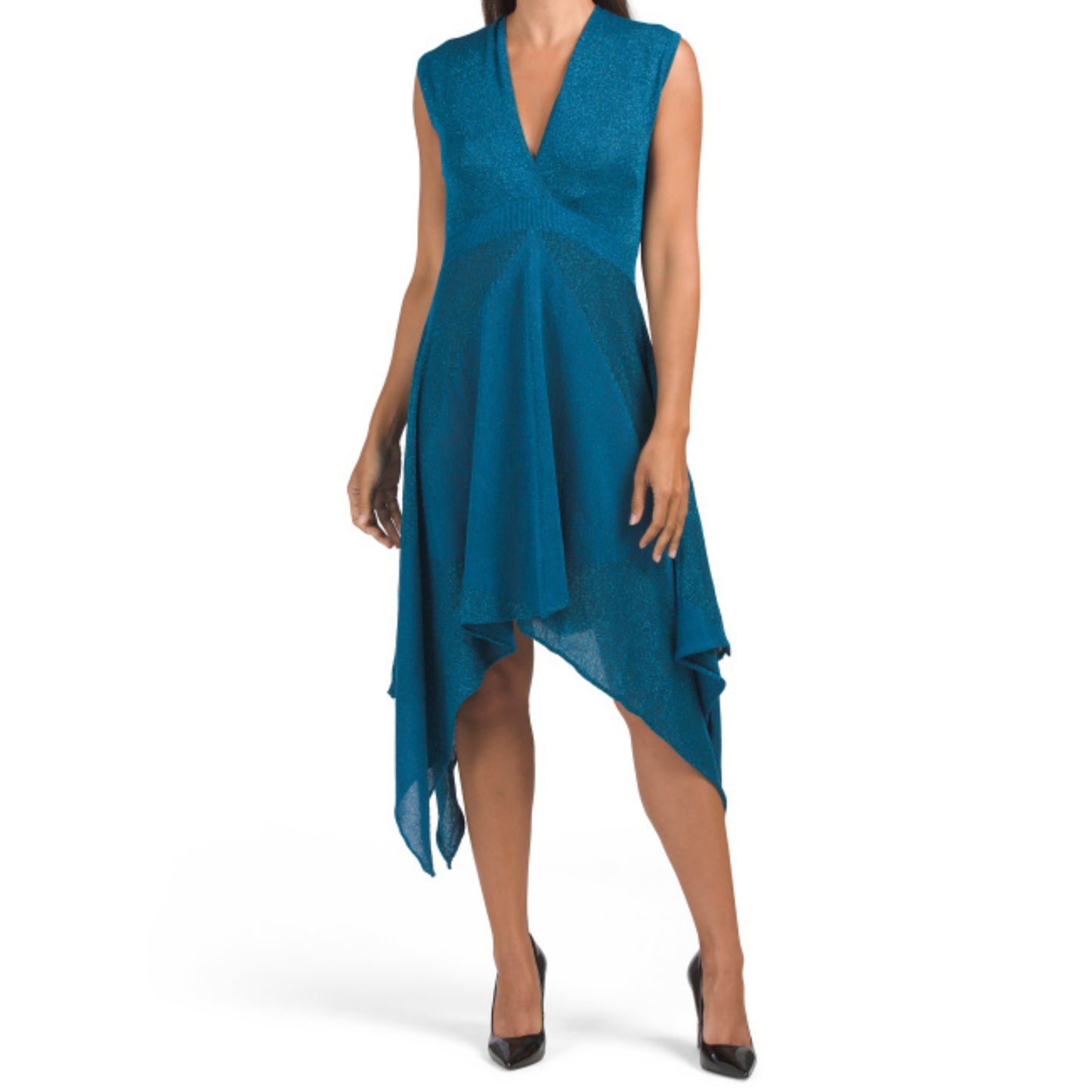 Vertigo Paris Women's Metallic Shimmery Asymmetrical Hem Midi Dress