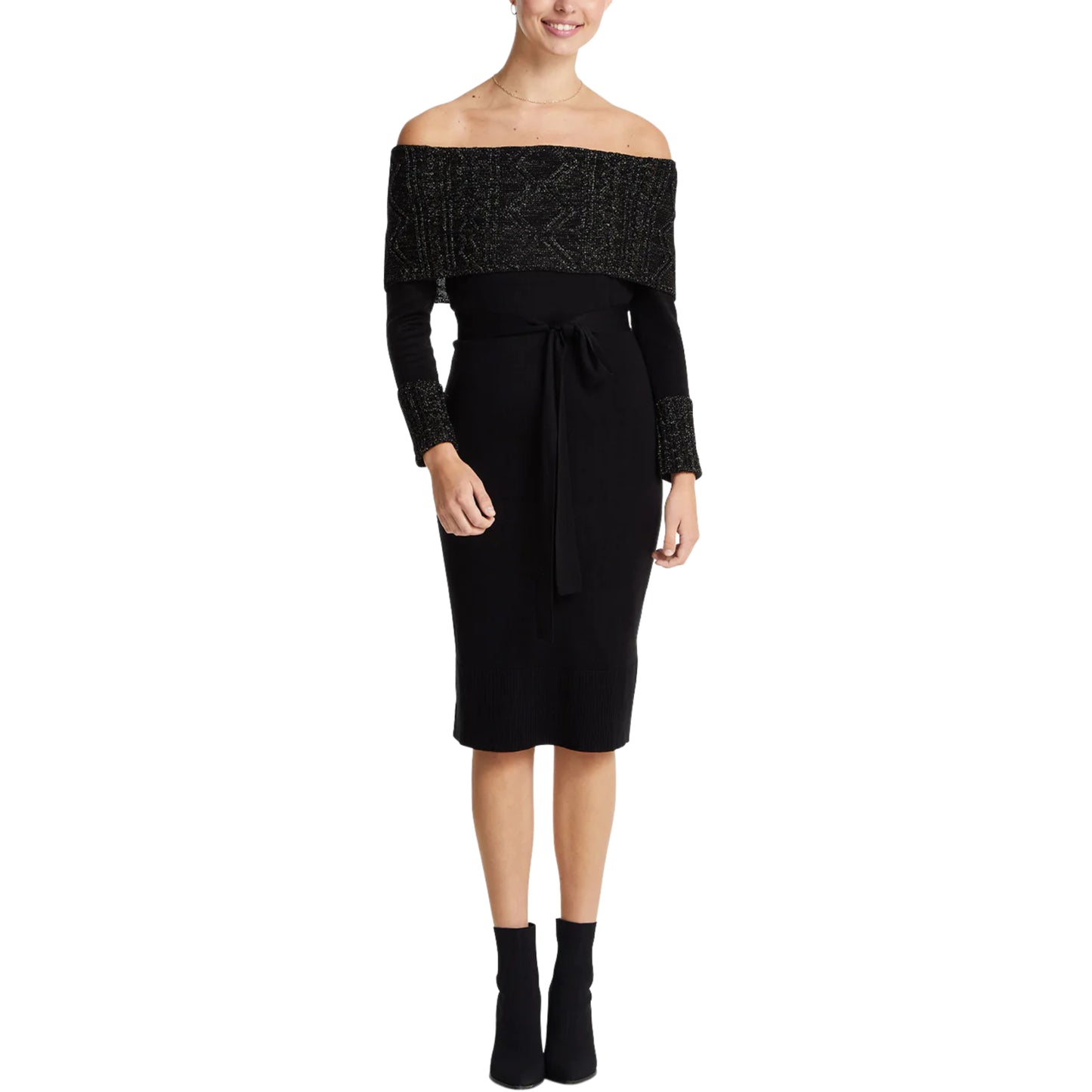 Vince Camuto Lurex Cuff Off the Shoulder Knit Cocktail Midi Dress