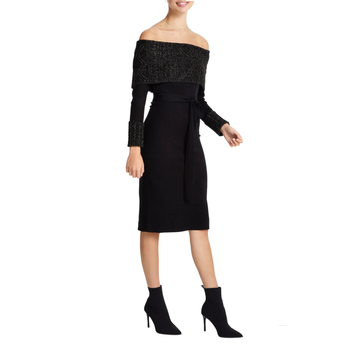 Vince Camuto Lurex Cuff Off the Shoulder Knit Cocktail Midi Dress