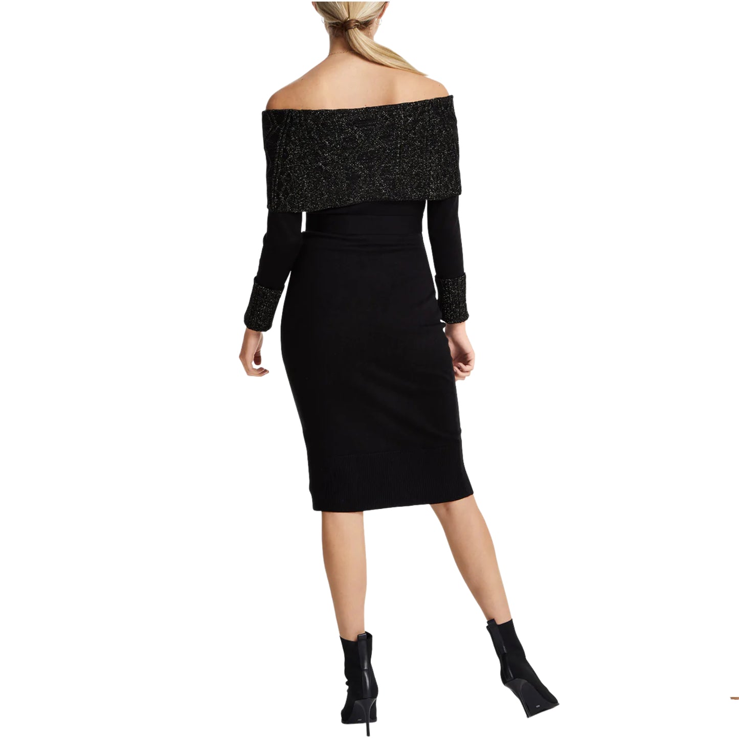 Vince Camuto Lurex Cuff Off the Shoulder Knit Cocktail Midi Dress