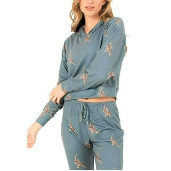 ONZIE Soft French Terry Crop Pale Cacti Tiger Hoodie and Joggers Collection