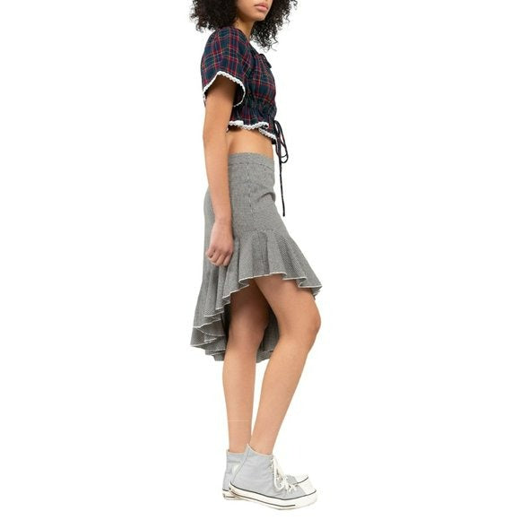 POL Asymmetrical Ruffle Hem Gingham Cotton Mini Skirt