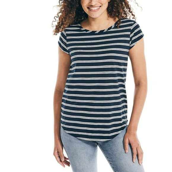 Nautica Women's Keyhole Back Soft Cotton Blend Stripe T-Shirt