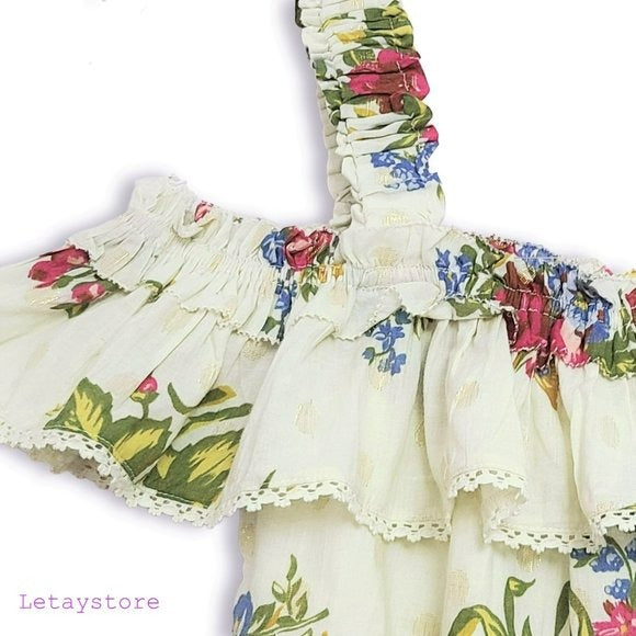 Hause of Harlow Smocked Floral Print Ruffle Off the shoulder Blouse Top