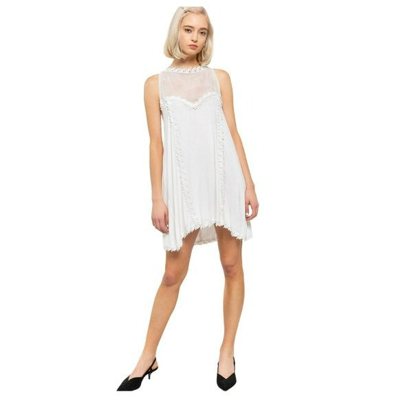 POL Boho Mesh Yoke Crochet Lace Trim Hi-Low Hem Mini Dress