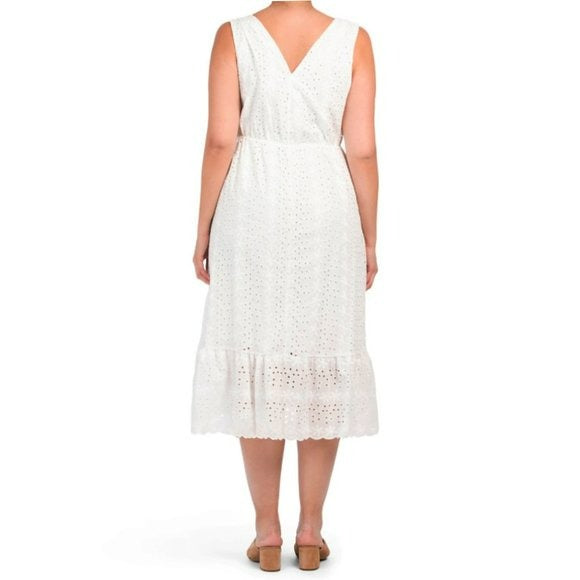 Lungo L'arno Italy Plus Ruffle Hem Cotton Eyelet Midi Dress