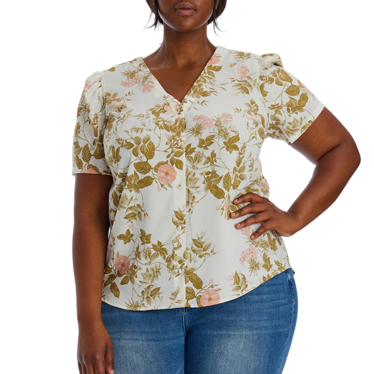 1. STATE Women's Plus Floral Print V-Neck Puff Sleeve Button Up Blouse Top