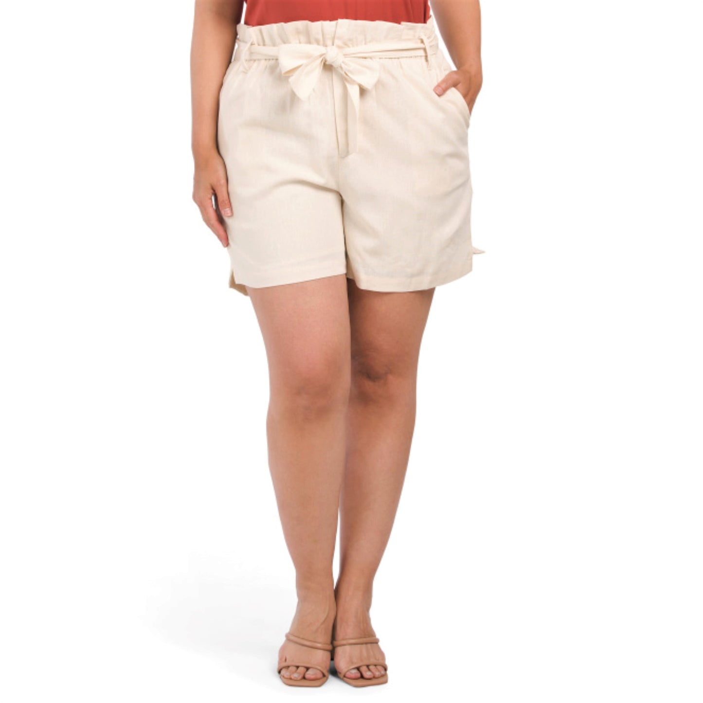 1.STATE Women's Plus Linen Blend High Rise Paperbag Waist Shorts