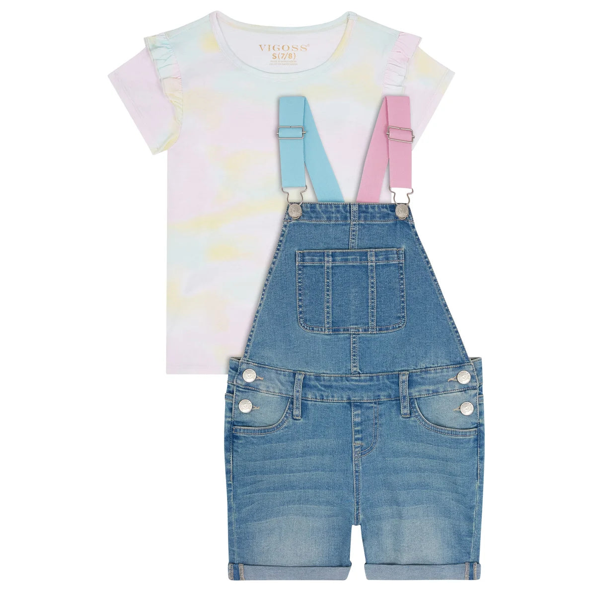 Vigoss Youth Girl's 2-Piece Cotton T-Shirt and Denim Overall Shortall Set