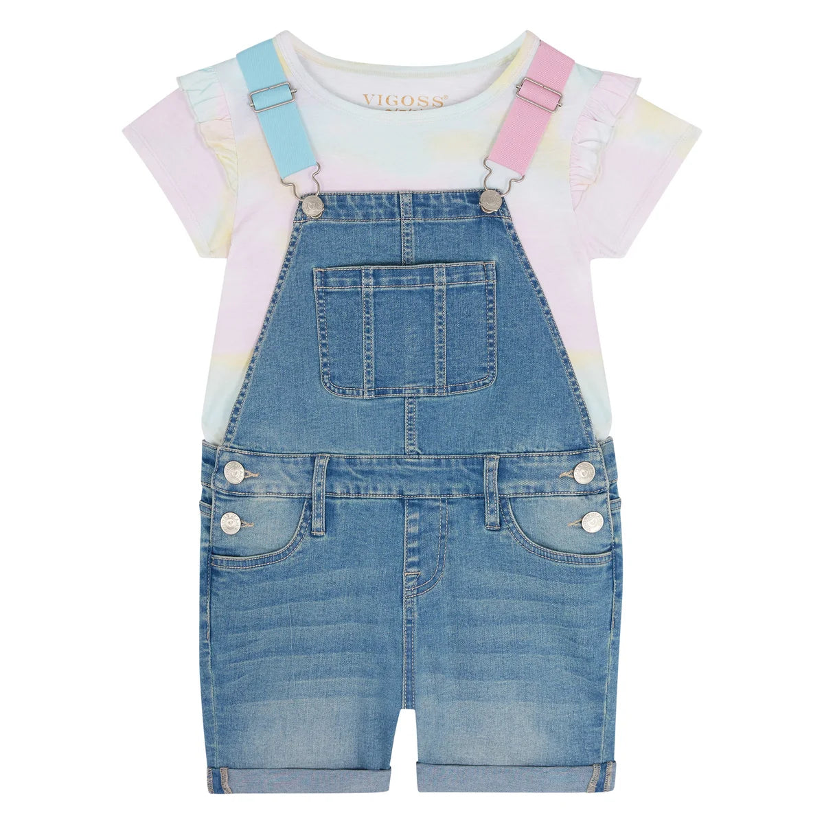 Vigoss Youth Girl's 2-Piece Cotton T-Shirt and Denim Overall Shortall Set