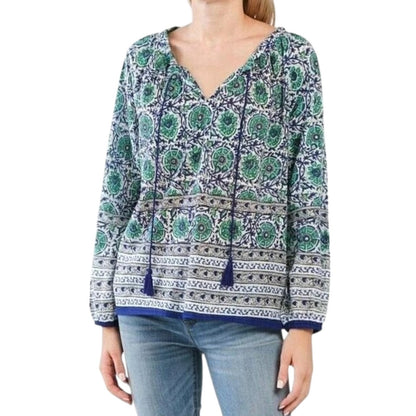 Cynthia Rowley Boho Floral Print Cotton Keyhole Peasant Top Blouse