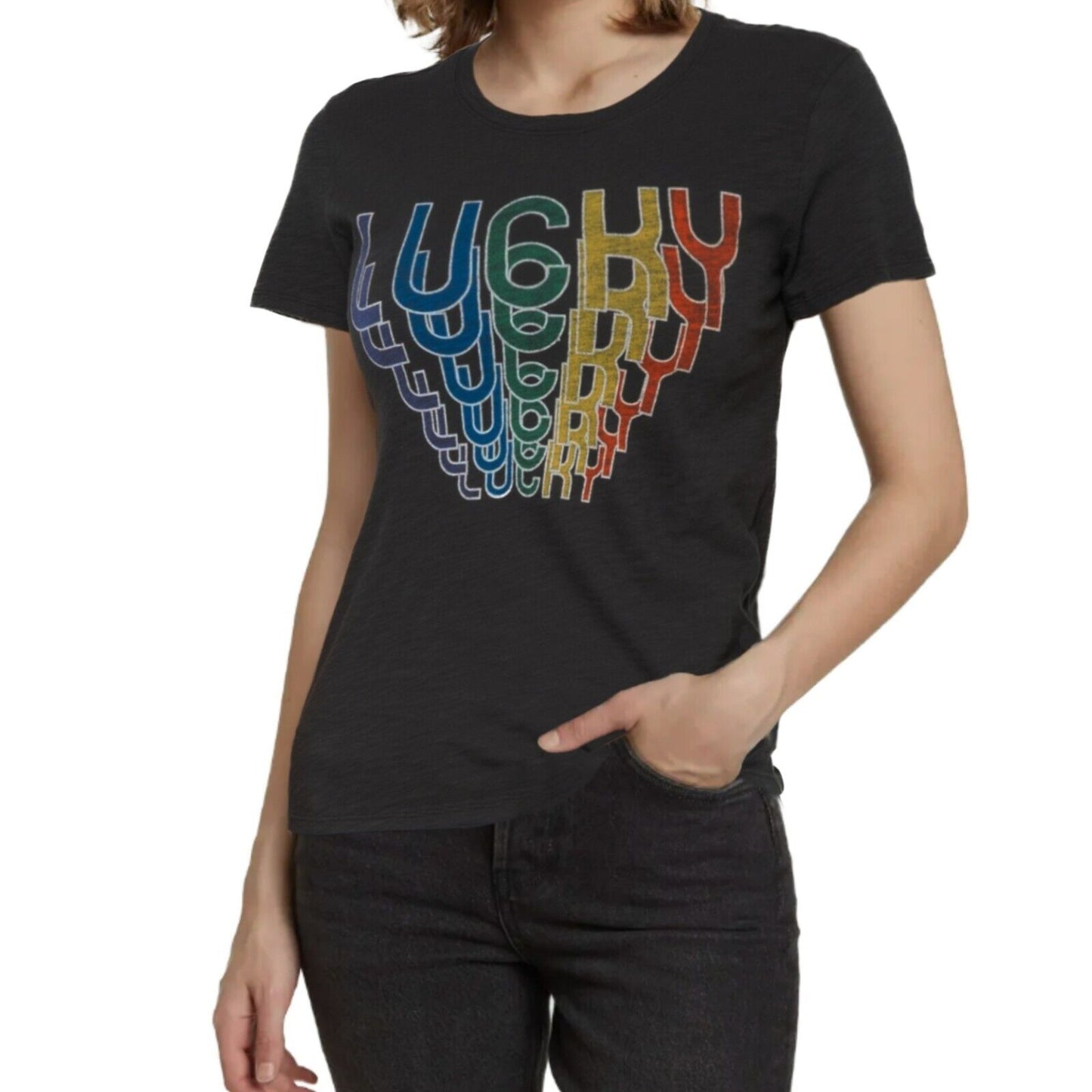 Lucky Brand Women's Cascading Lucky Graphic Print Soft Cotton T-Shirt Top