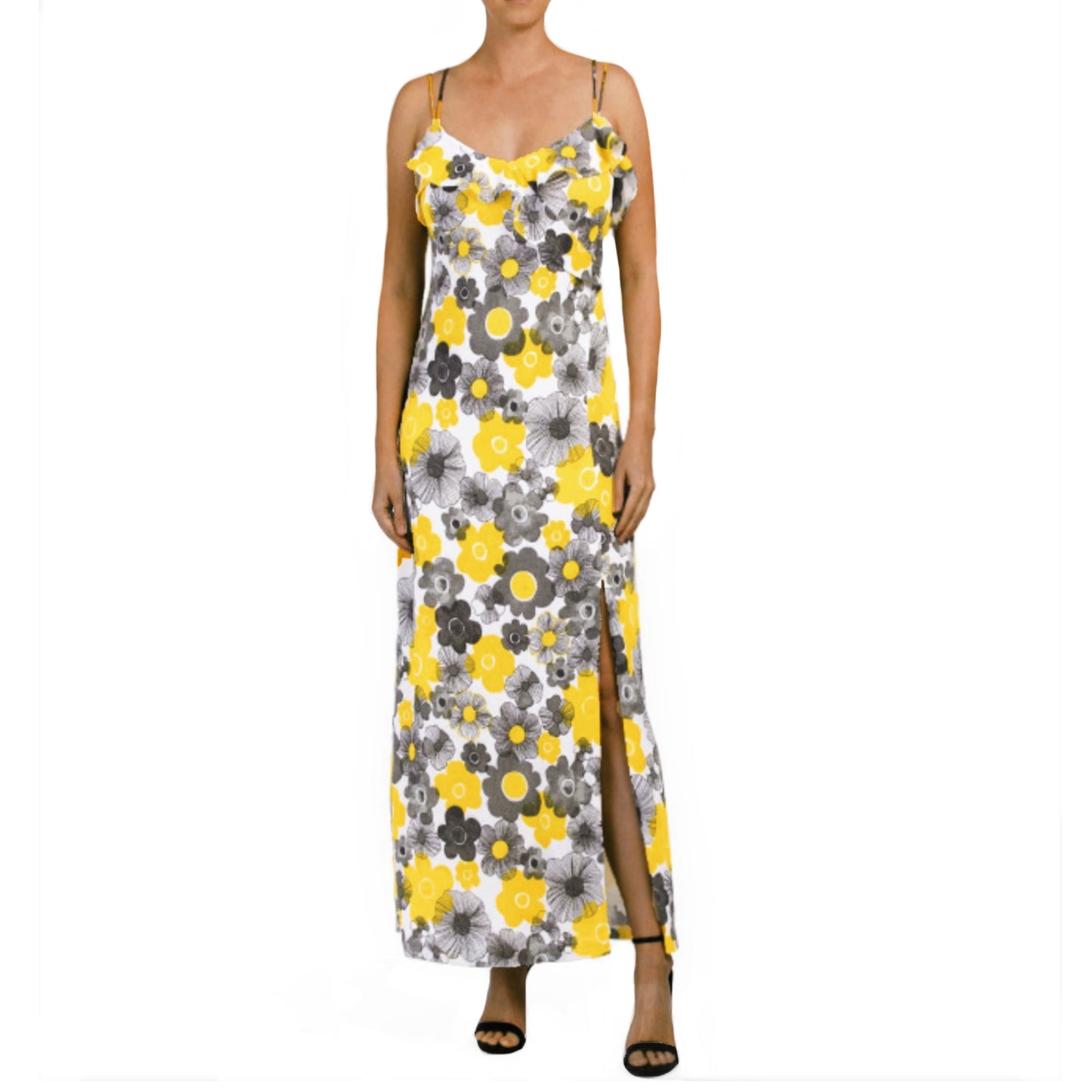 Nicole Miller Women's Floral Print Ruffle Trim Front Slit Maxi Dress