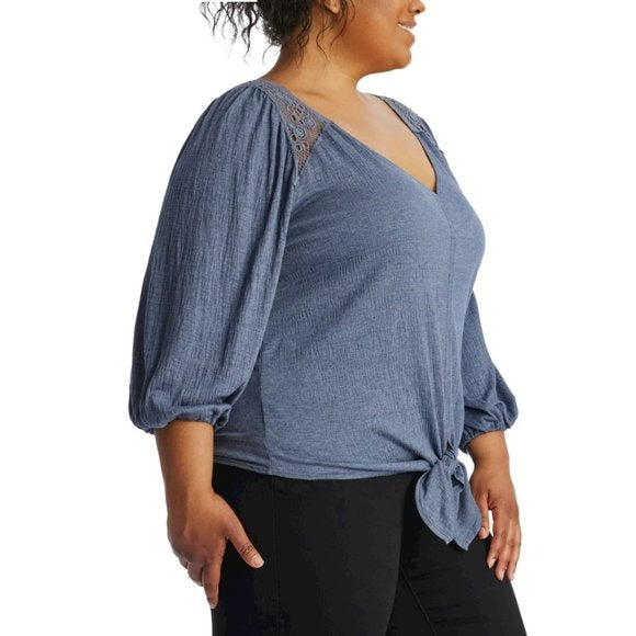 Max Studio Women's Plus Lace Trim V Neck Front Tie Front Blouse Top