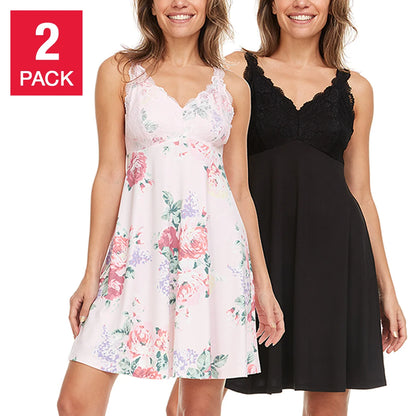 Flora Nikrooz Women's 2-Pack V-Neck Lightweight Soft Lace Trim Chemise