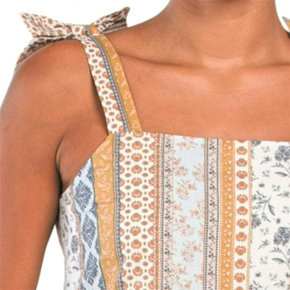 Lucky Brand Floral Stripe Shoulder Tie Smock Tiered Dobby Cotton Midi Dress