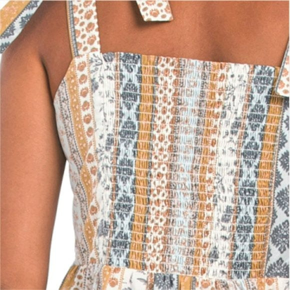 Lucky Brand Floral Stripe Shoulder Tie Smock Tiered Dobby Cotton Midi Dress