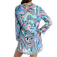 La Blanca Women's Swirl Print Long Sleeves Lace Up Beach Pool Tunic Cover Up