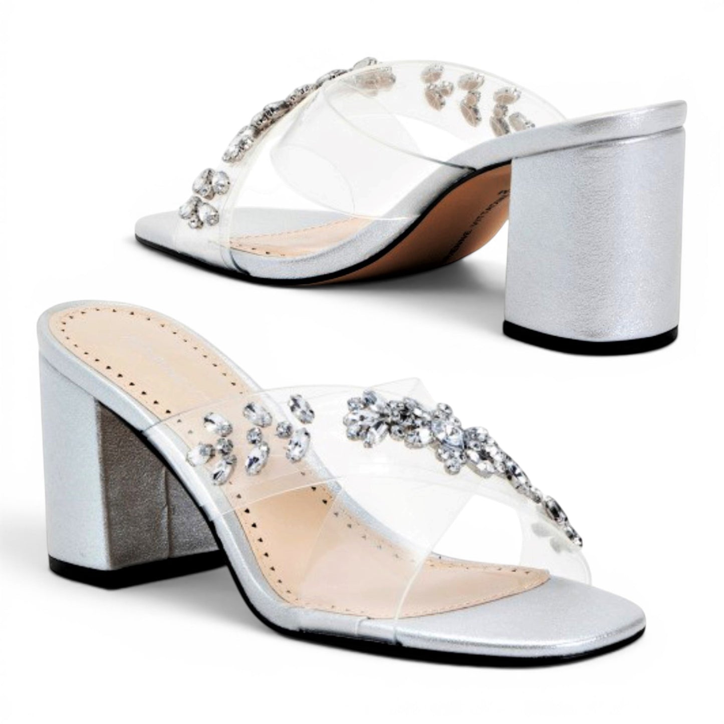 ADRIENNE VITTADINI Women's Jewel Embellished Metallic Finish Block Heel Sandals
