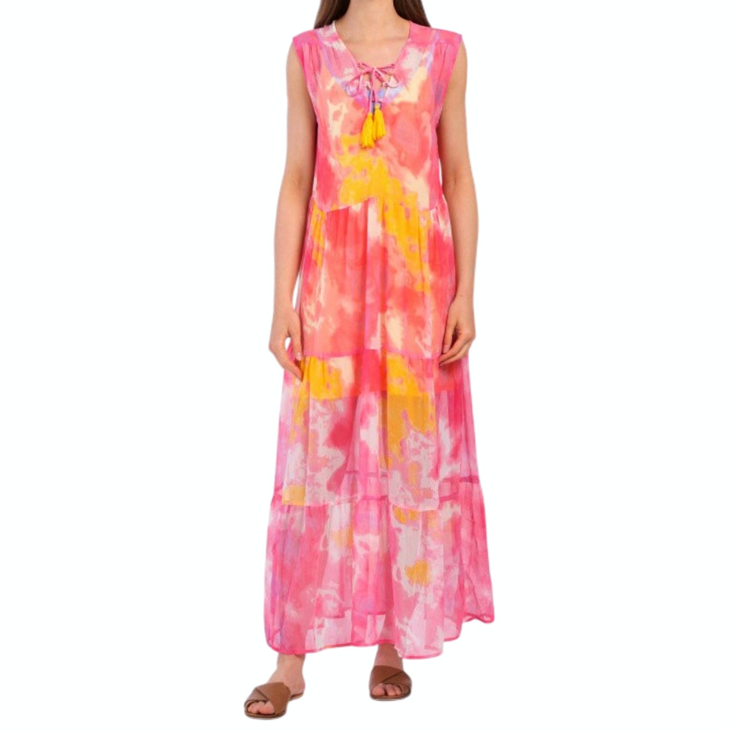 AMERICA & BEYOND Abstract Print Relaxed Fit Tiered Sheer Cover-up Maxi Dress