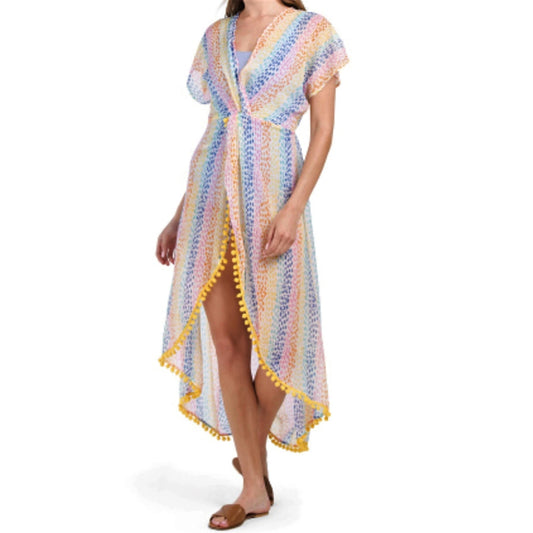 Flowy and breathable America &amp; Beyond swimsuit cover-up crafted from semi-sheer lightweight poly fabric. Smocked waistline is comfortable to wear and easy to on-off. Pom pom trim and Hi-Low hem make you sexy and refreshing in hot summer. The long design allows you to play by the beach and avoid direct sunlight. Rainbow colorful Cheetah striped print will match with your favorite swimsuit.