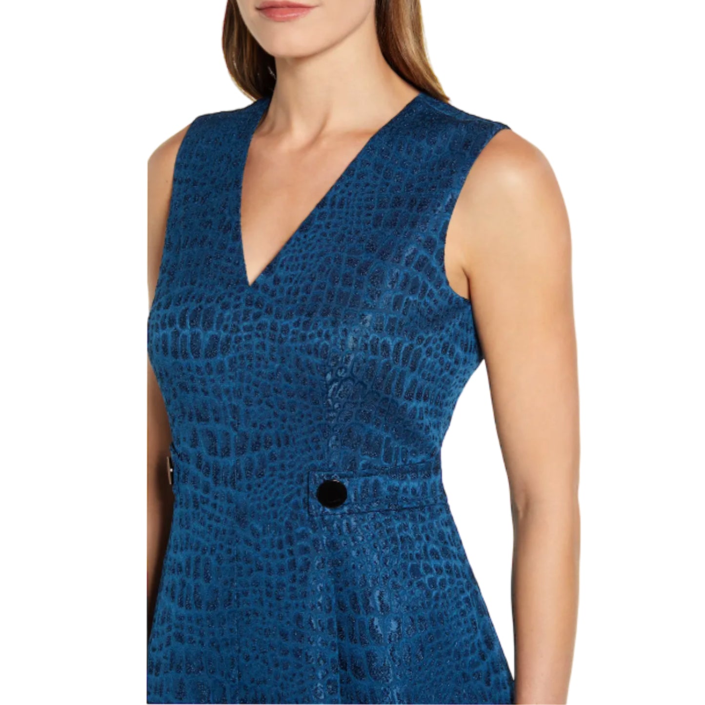 ANNE KLEIN Women's Textured Jacquard Fit & Flare V-Neck Pleated Midi Dress