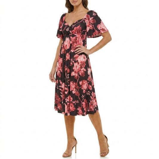 Women's Women's Floral Print Twist Cut Out Back Flatter Sleeves Pleated Midi Dress