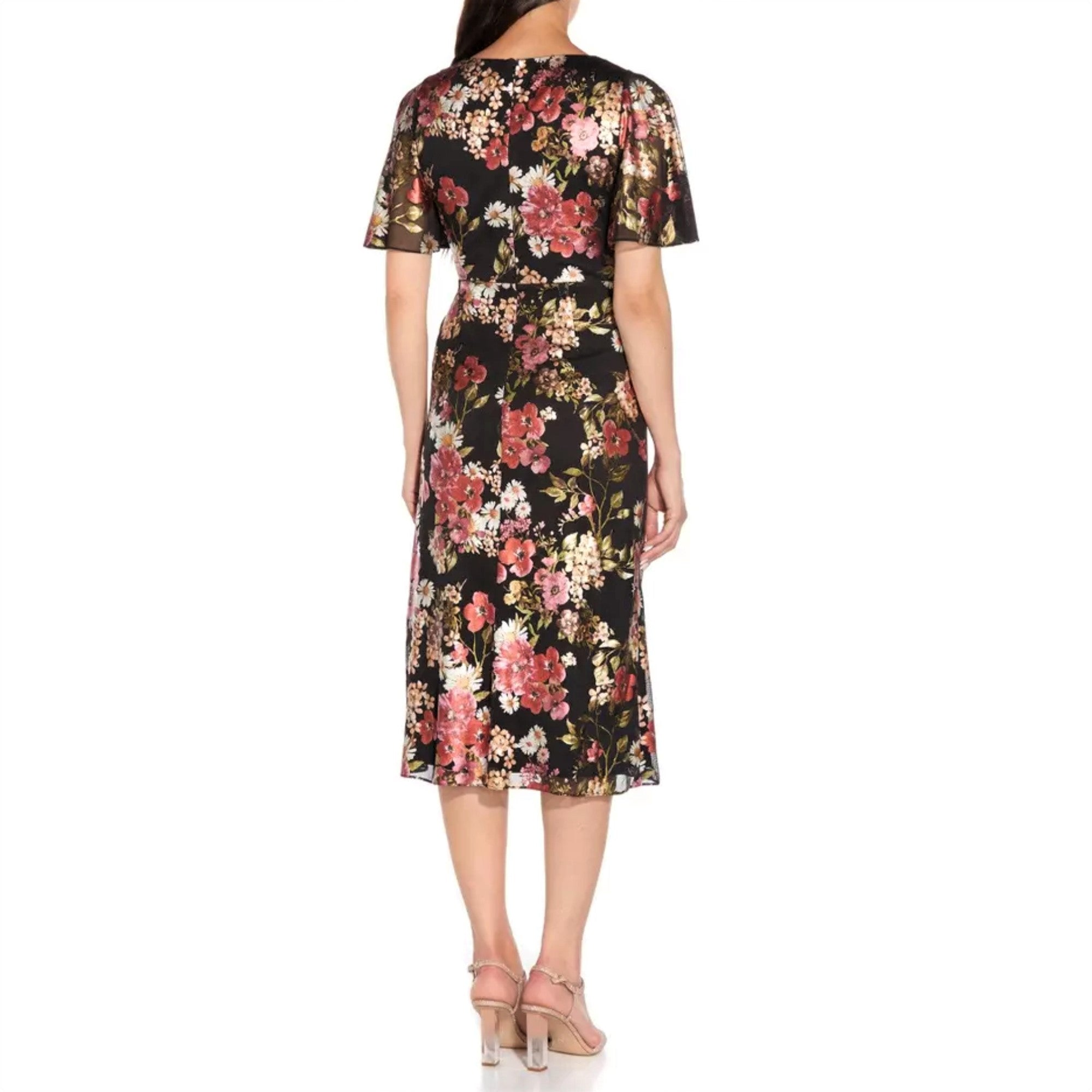 Adrianna Papell Floral Foiled Print Mesh Draped Midi Dress Letay