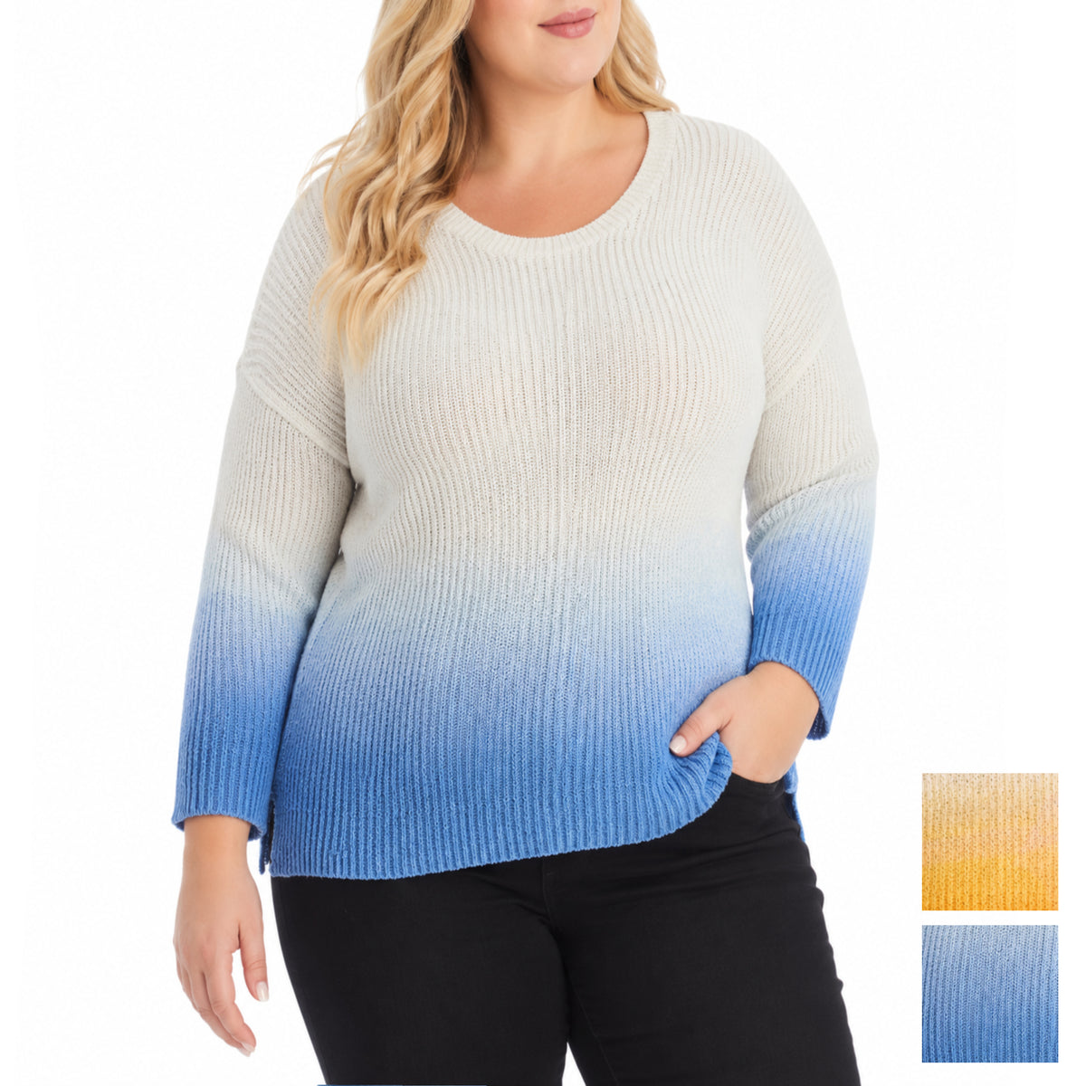 Adyson Parker Women's Plus 3/4 Sleeve Ombre Dip Dye Soft Cotton Blend Knit Sweater