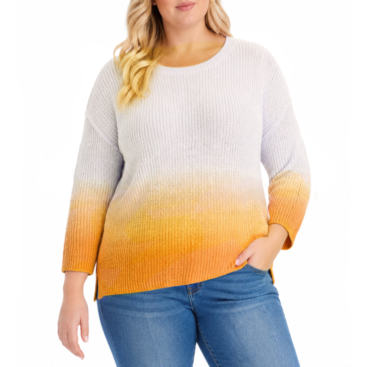 Adyson Parker Women's Plus 3/4 Sleeve Ombre Dip Dye Soft Cotton Blend Knit Sweater