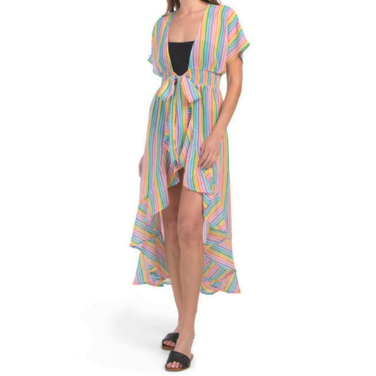 America & Beyond Rainbow Stripe Hi-low Hem Ruffle Trim Cover-up Dress