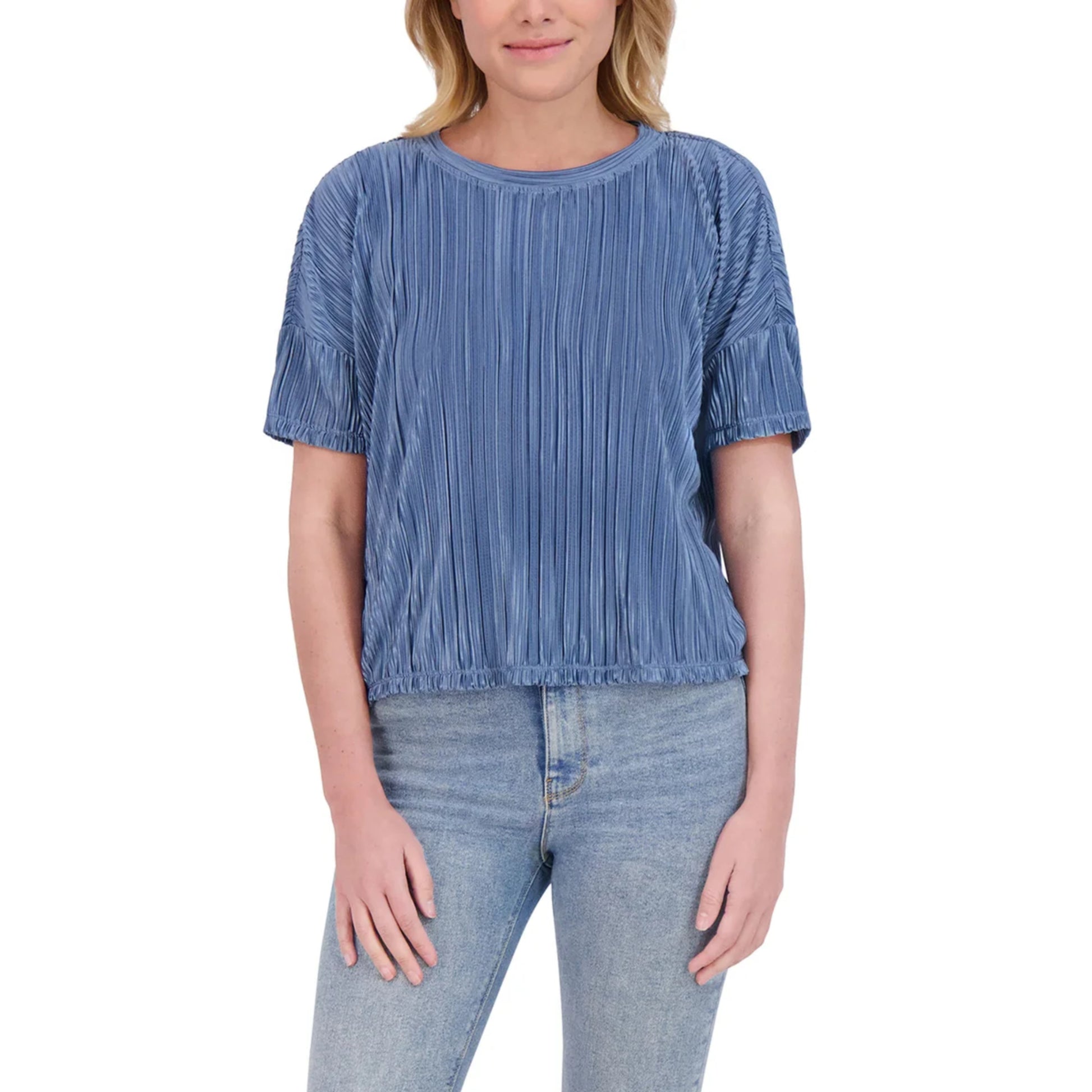 Andrew Marc Women's Short Sleeve Lightweight Plisse Top combines effortless style with comfort. This relaxed fit top features elegant pleating detail and a classic round neckline, perfect for warm weather layering or standalone wear. Crafted from soft polyester, the lightweight fabric keeps you cool and comfortable all day long. This top pairs easily with your favorite bottoms.