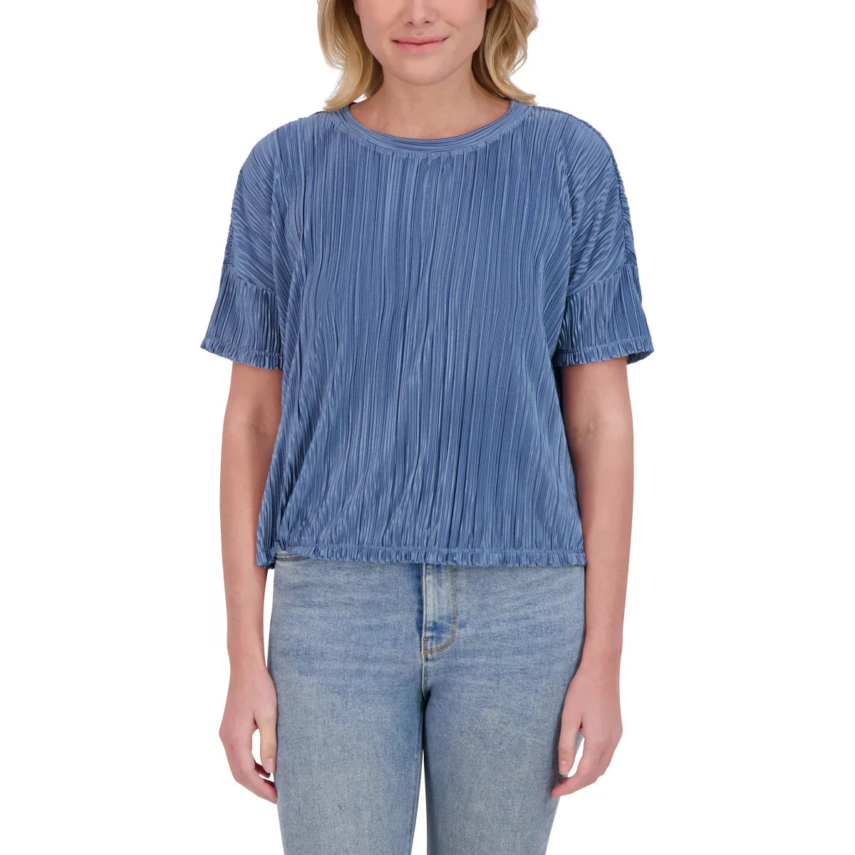 Andrew Marc Women's Short Sleeve Lightweight Plisse Top combines effortless style with comfort. This relaxed fit top features elegant pleating detail and a classic round neckline, perfect for warm weather layering or standalone wear. Crafted from soft polyester, the lightweight fabric keeps you cool and comfortable all day long. This top pairs easily with your favorite bottoms.