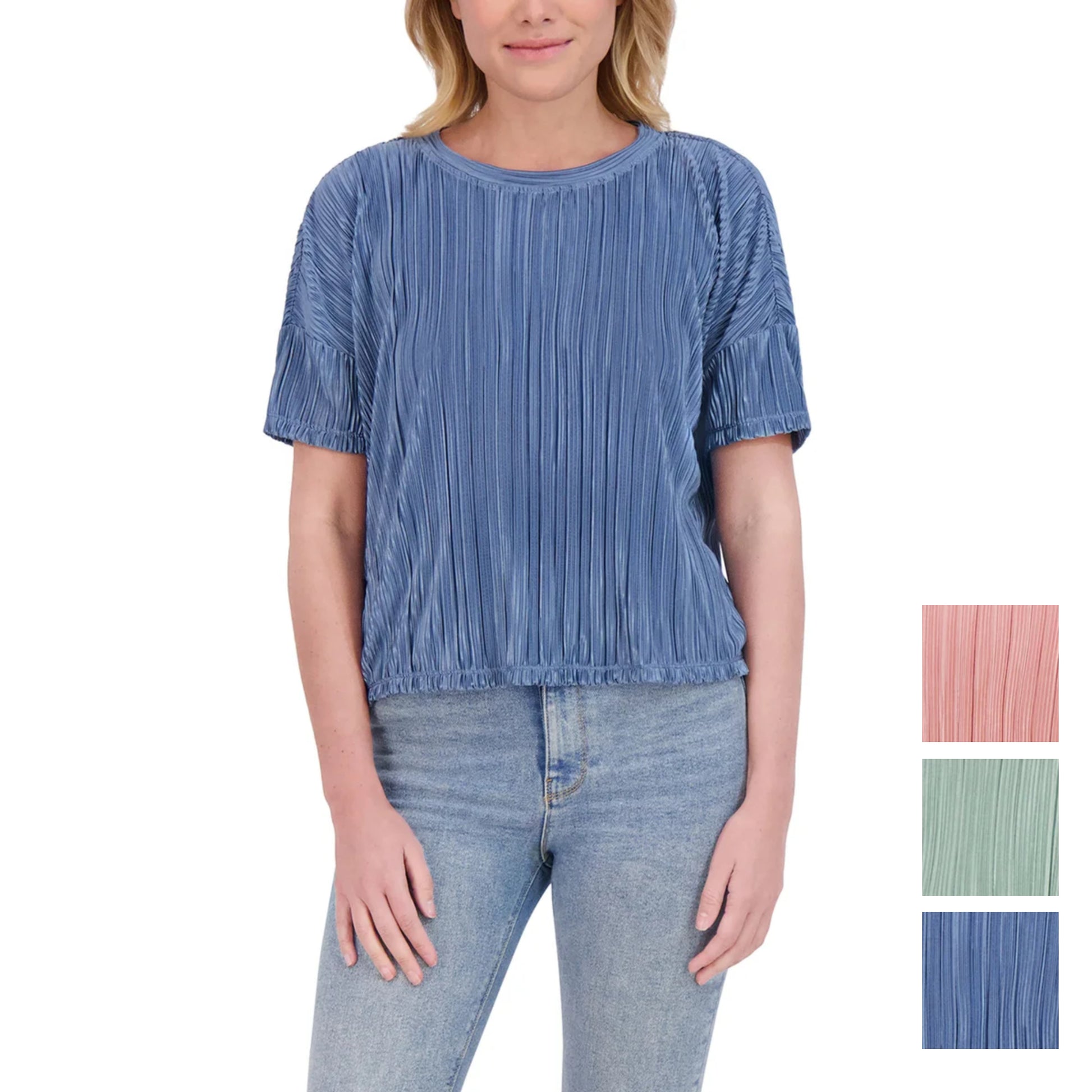 Andrew Marc Women's Short Sleeve Lightweight Plisse Top combines effortless style with comfort. This relaxed fit top features elegant pleating detail and a classic round neckline, perfect for warm weather layering or standalone wear. Crafted from soft polyester, the lightweight fabric keeps you cool and comfortable all day long. This top pairs easily with your favorite bottoms.