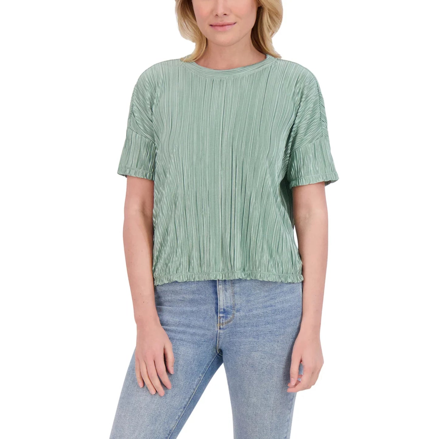 Andrew Marc Women's Short Sleeve Lightweight Plisse Top combines effortless style with comfort. This relaxed fit top features elegant pleating detail and a classic round neckline, perfect for warm weather layering or standalone wear. Crafted from soft polyester, the lightweight fabric keeps you cool and comfortable all day long. This top pairs easily with your favorite bottoms.