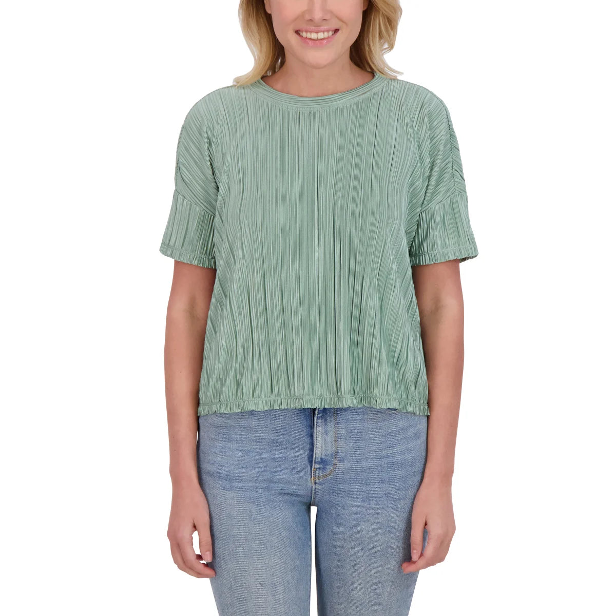 Andrew Marc Women's Short Sleeve Lightweight Plisse Top combines effortless style with comfort. This relaxed fit top features elegant pleating detail and a classic round neckline, perfect for warm weather layering or standalone wear. Crafted from soft polyester, the lightweight fabric keeps you cool and comfortable all day long. This top pairs easily with your favorite bottoms.