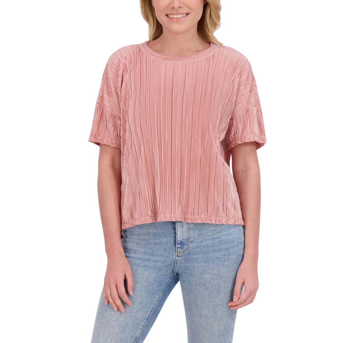 Andrew Marc Women's Short Sleeve Lightweight Plisse Top combines effortless style with comfort. This relaxed fit top features elegant pleating detail and a classic round neckline, perfect for warm weather layering or standalone wear. Crafted from soft polyester, the lightweight fabric keeps you cool and comfortable all day long. This top pairs easily with your favorite bottoms.