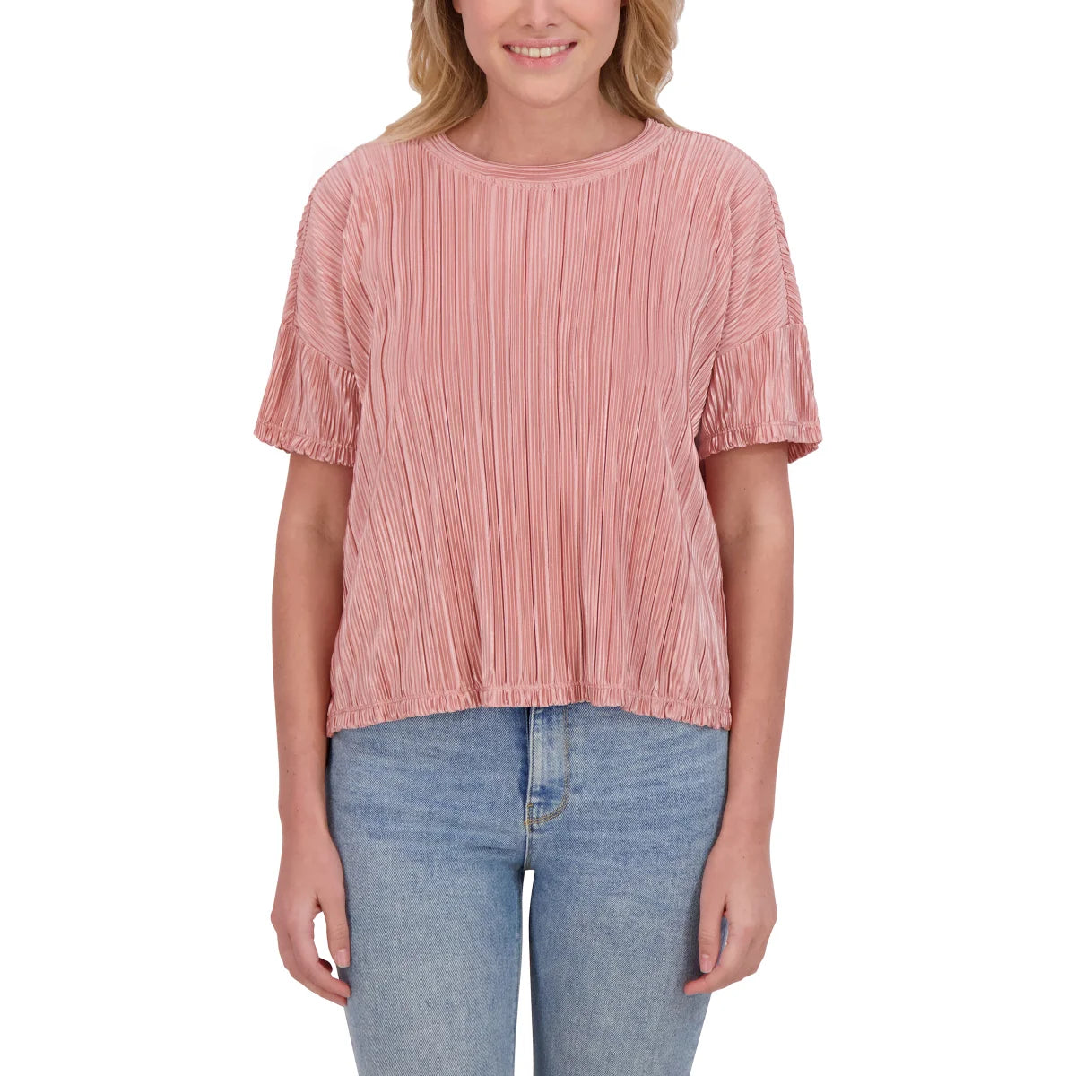Andrew Marc Women's Short Sleeve Lightweight Plisse Top combines effortless style with comfort. This relaxed fit top features elegant pleating detail and a classic round neckline, perfect for warm weather layering or standalone wear. Crafted from soft polyester, the lightweight fabric keeps you cool and comfortable all day long. This top pairs easily with your favorite bottoms.