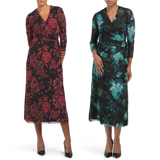 Anne Klein Women's Long Sleeve Floral Print Tie Waist Wrap Midi Dress