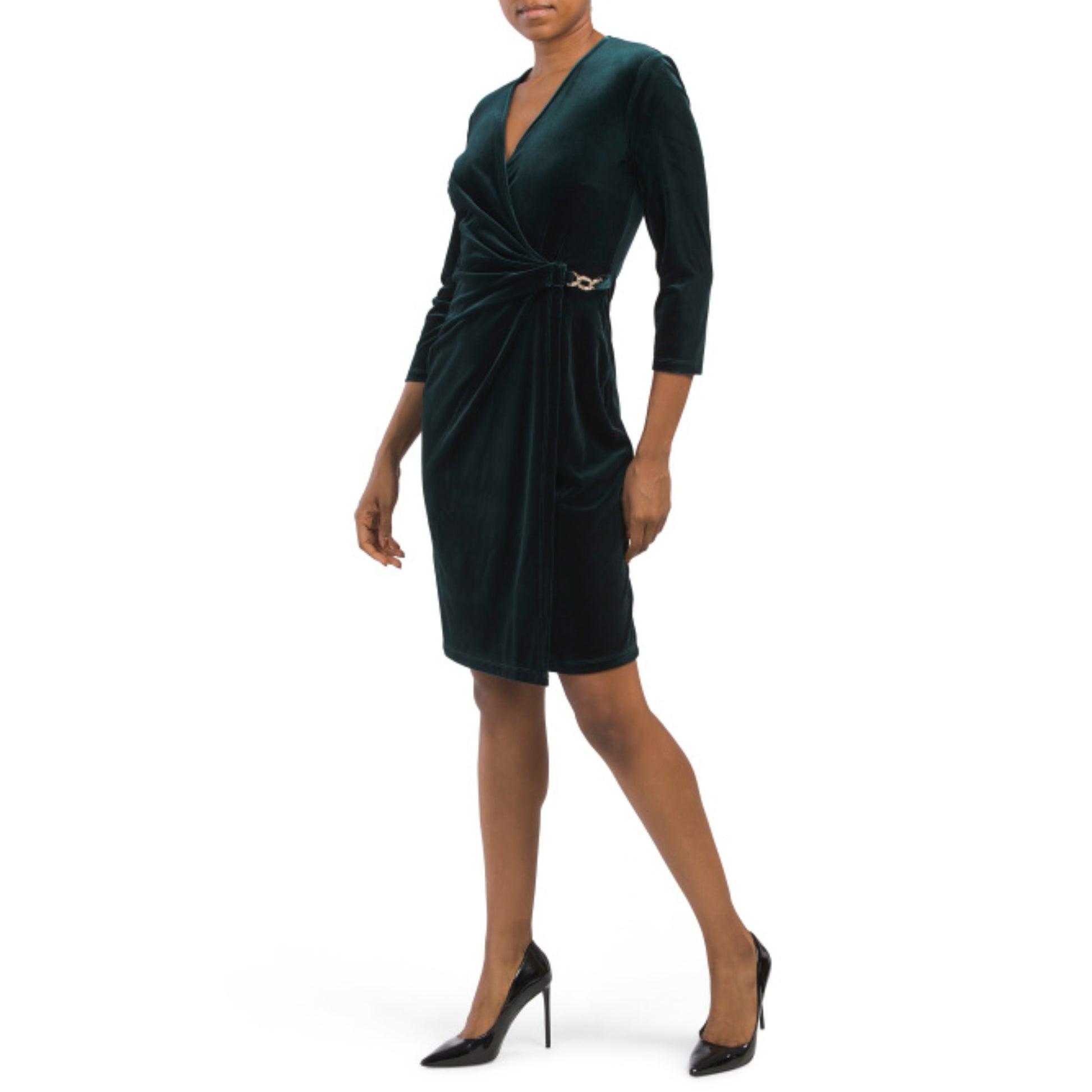 anne klein black velvet dress Anne Klein Women's Dahlia Flutter Sleeve Ruffle Skirt Wrap Style Velvet Midi Dress-Black / 10