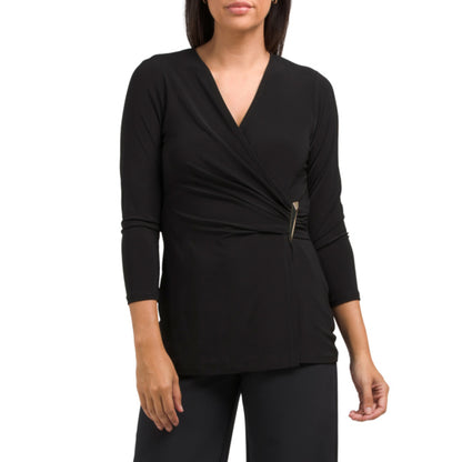 Anne Klein Women's V-Neck Three Quarter Sleeve Faux Wrap Top Blouse