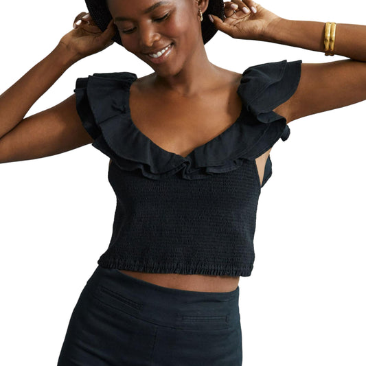 Anthropologie Women's Maeve Flutter Sleeve Ruffle Trim Smocked Crop Top