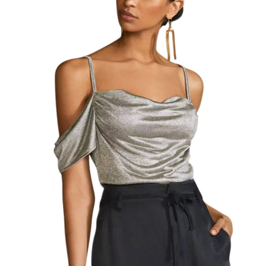 Anthropologie Women's Metallic Cowl Drape Neck Off The Shoulder Blouse Top