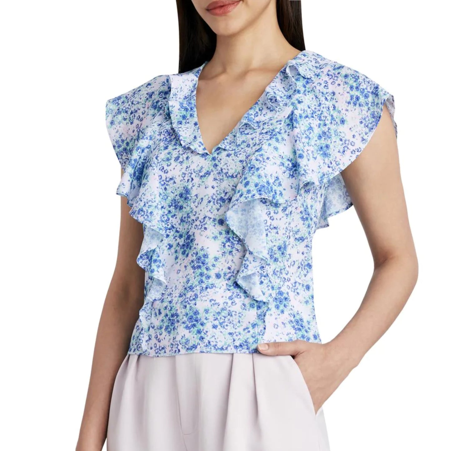 BCBGeneration Women's Floral Print Flutter Sleeve Ruffle Blouse Top
