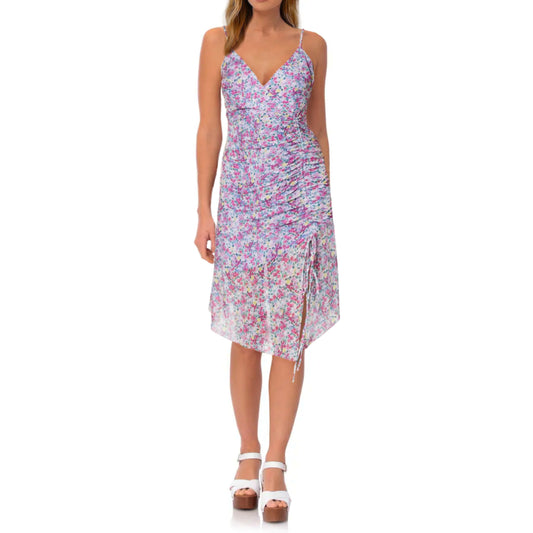 BCBGeneration Women's Floral Print Ruched Spaghetti Strap Surplice V-neck Front Slit Mini Dress