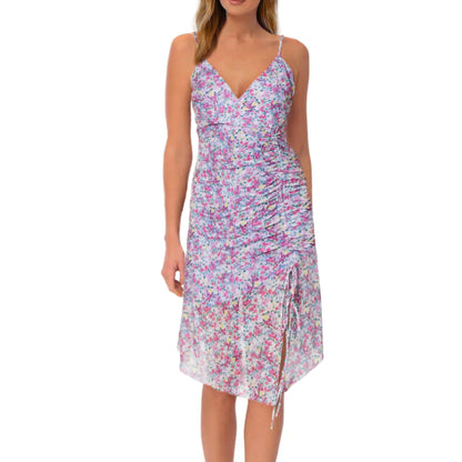 BCBGeneration Women's Floral Print Ruched Spaghetti Strap Surplice V-neck Front Slit Mini Dress