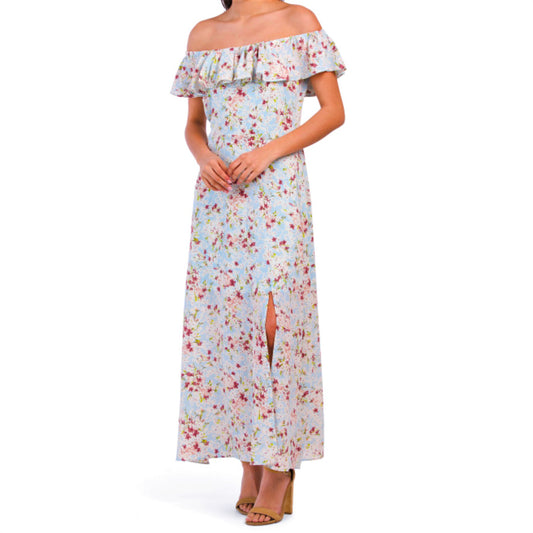 BCBGeneration Women's Ruffle Off The Shoulder Front Slit Floral Maxi Dress