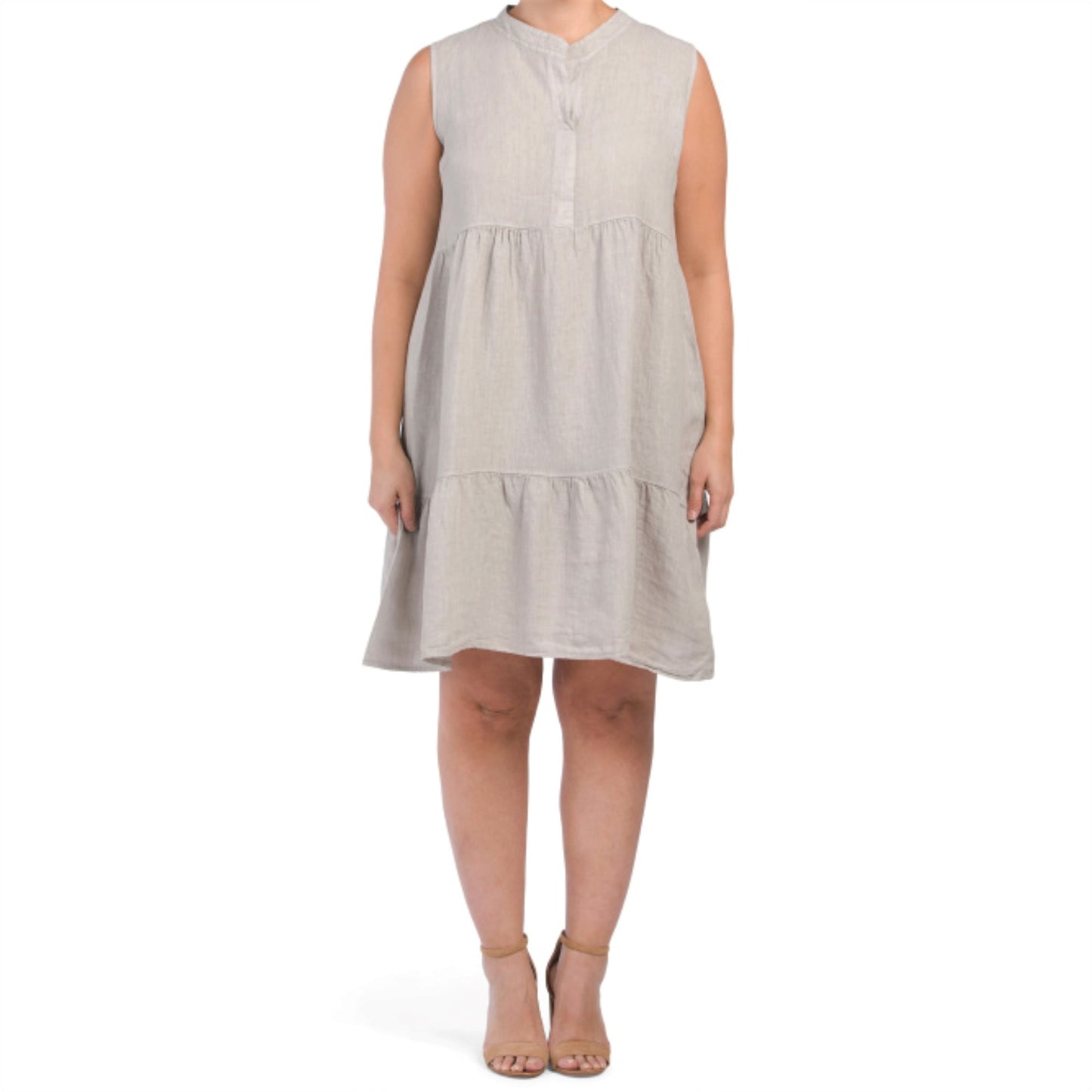 BELLAMBRA Women's Plus Made In Italy Linen Split Neck Tiered Midi Dress