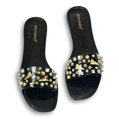 Bamboo Women's Stud Embellished Jelly Flat Slides Sandals