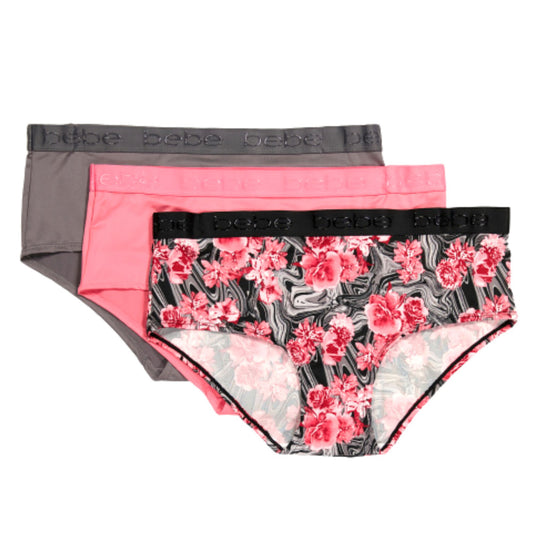 Bebe Women's Plus 3 -Pack Tag Free Logo at Waist Floral Hipster Panties